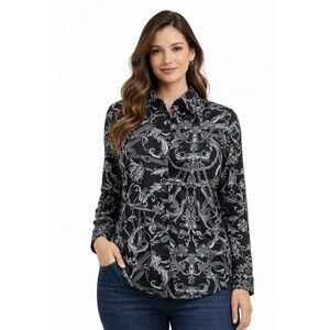 BonWorth Womens XL Button Up Blouse Long Sleeve Black Gray Boroque Print Classic